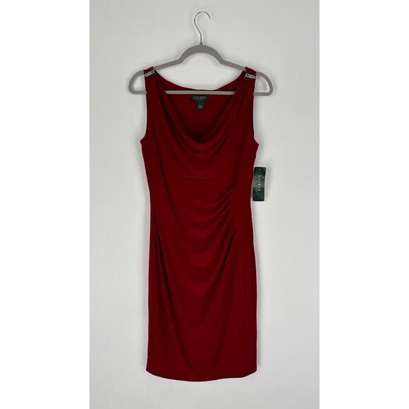 Lauren Ralph Lauren Womens Red Cowl Neck Sheath Dress Ruched Side Size 8 NWT - Picture 4 of 13